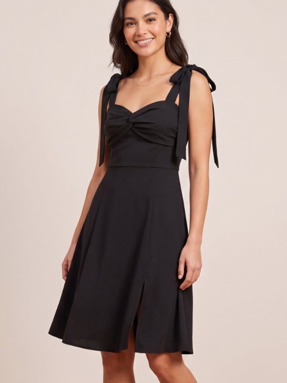 NWOT Black Tie Shoulder Sweetheart Bust Front Slit Midi A-Line Dress Medium
